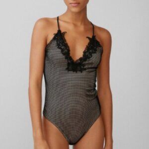 Express Black Lace Bodysuit with Deep V-Neckline Sz XS Nude Lining Teddie Linger